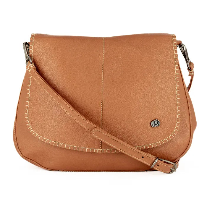 Tan leather handbag with visible stitching on a white background