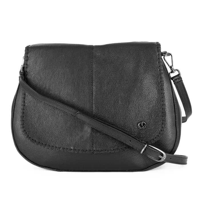 Black leather crossbody bag on a white background