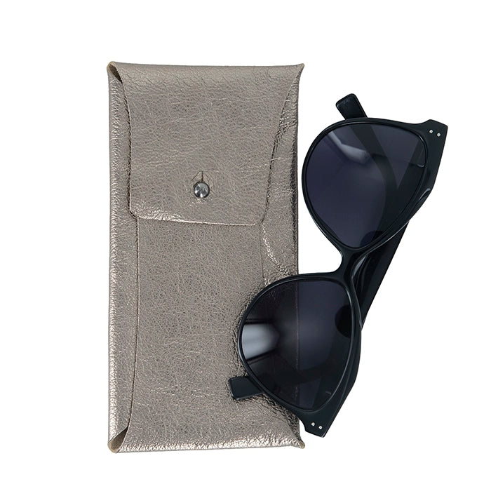 Black sunglasses with a metallic case on a white background