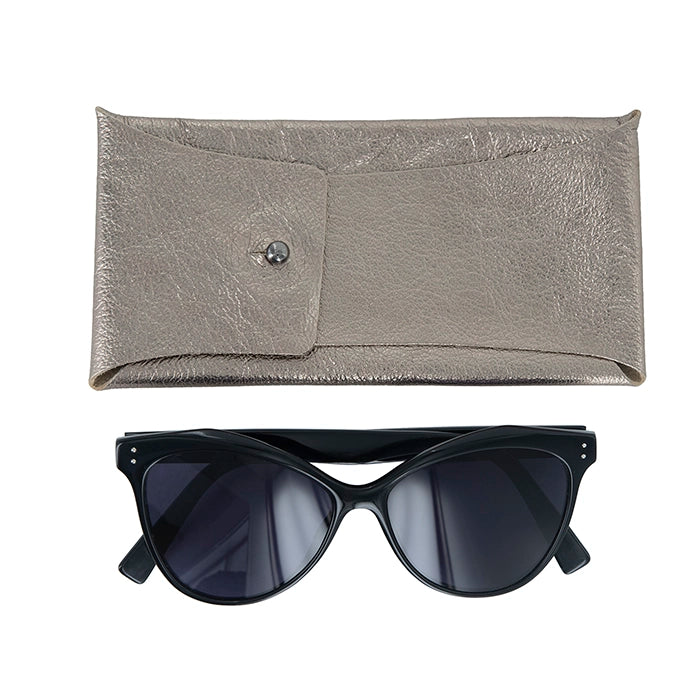 Black sunglasses with a metallic case on a white background