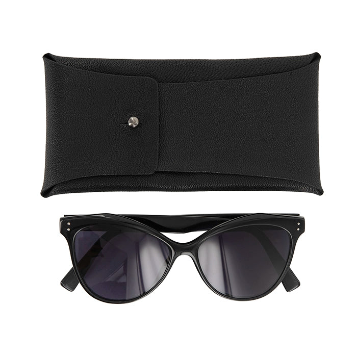 Black sunglasses with a matching case on a white background