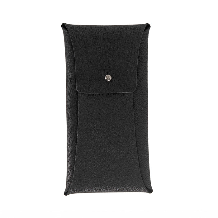 Black leather sunglasses case with a silver button on a white background