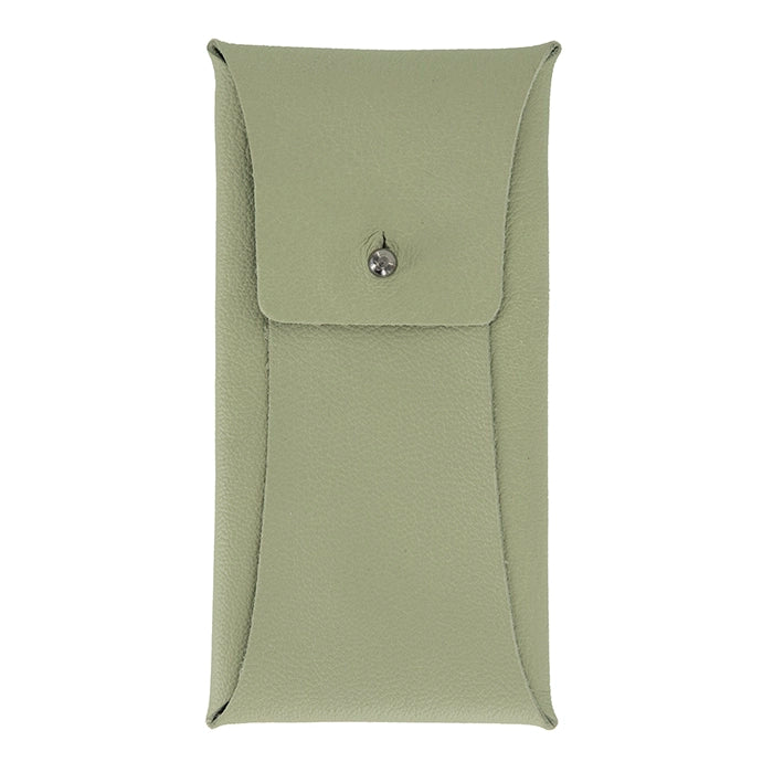 Closed sage green leather sunglasses case with a button closure, featuring a smooth, minimalist design and soft texture.