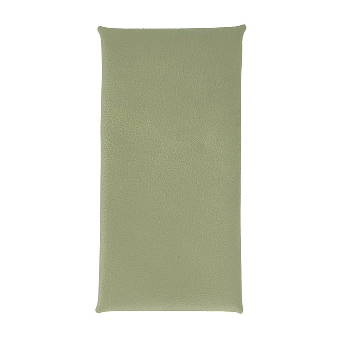Back of light green sunglasses case on a white background