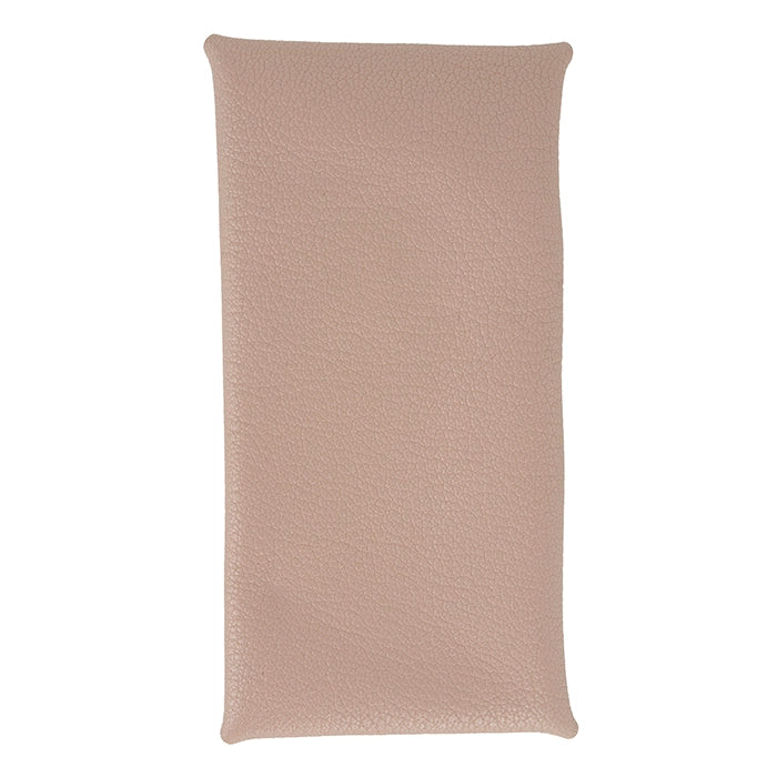 Back of pink leather sunglasses case on a white background