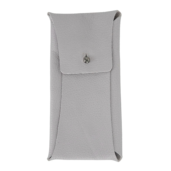 Closed grey leather sunglasses case with a button closure, featuring a smooth, minimalist design and soft texture.