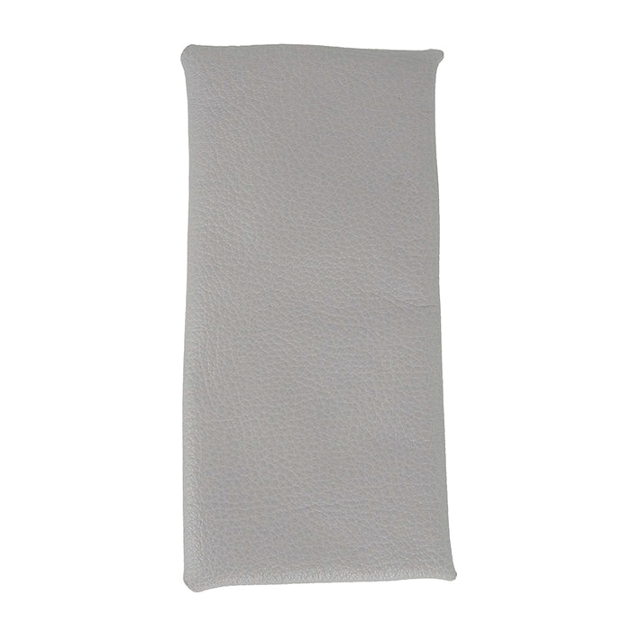 Back of grey leather sunglasses case, featuring a smooth, minimalist design and soft texture.