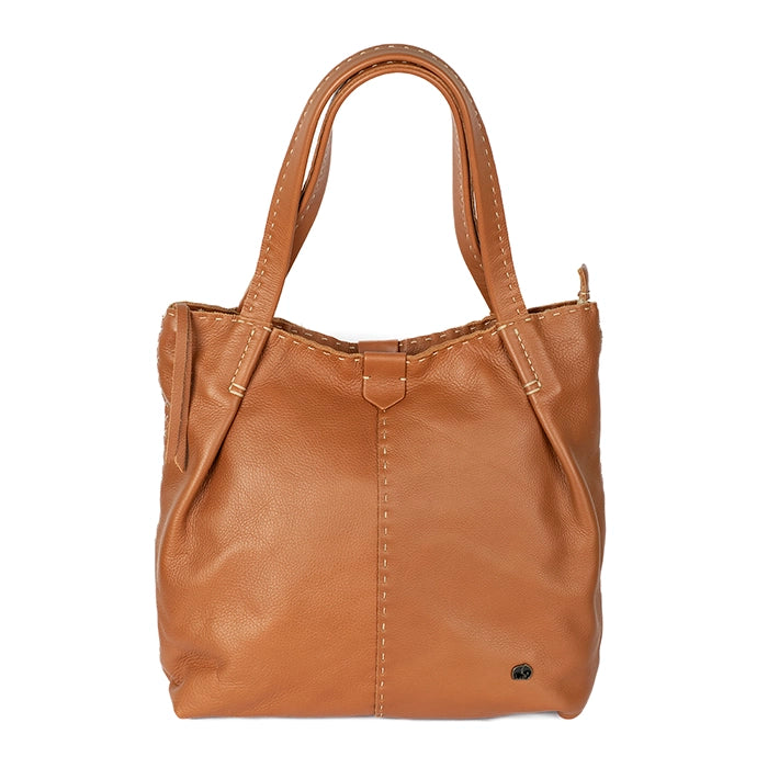 Tan leather handbag on a white background