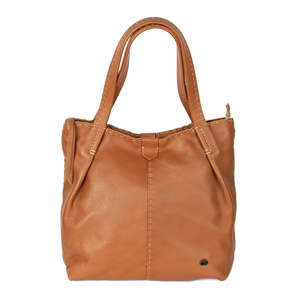 Tan leather handbag on a white background