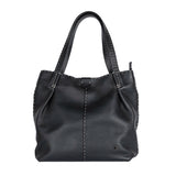 Black leather handbag on a white background