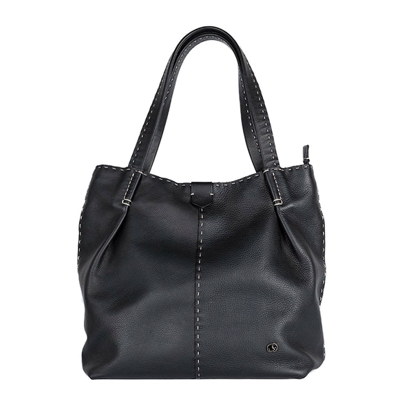 Black leather handbag on a white background