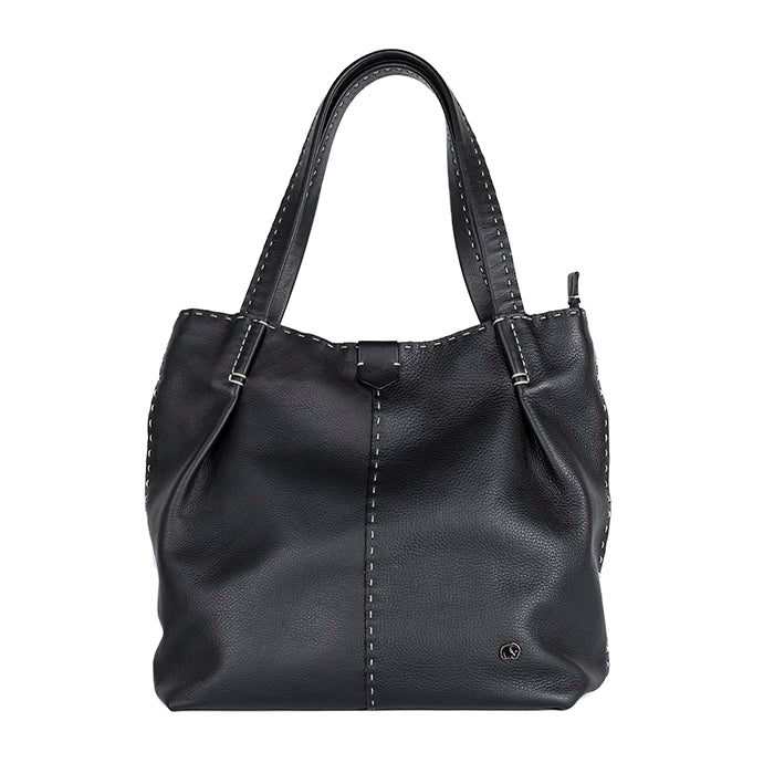 Black leather handbag on a white background