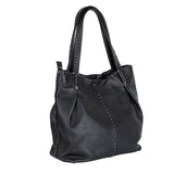 Black handbag with visible stitching on a white background