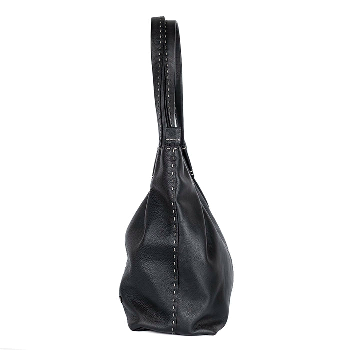 Black leather handbag on a white background
