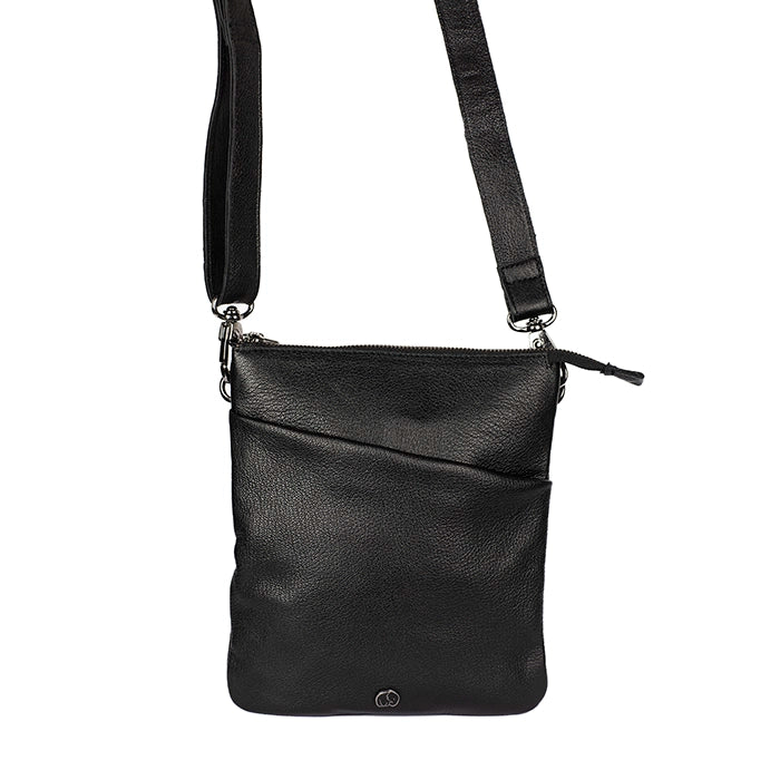 Black leather crossbody bag with a visible brand logo on a white background