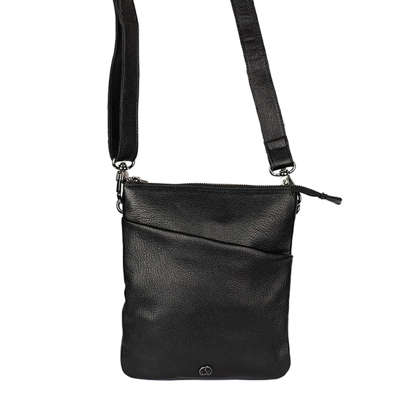 Black leather crossbody bag with a visible brand logo on a white background