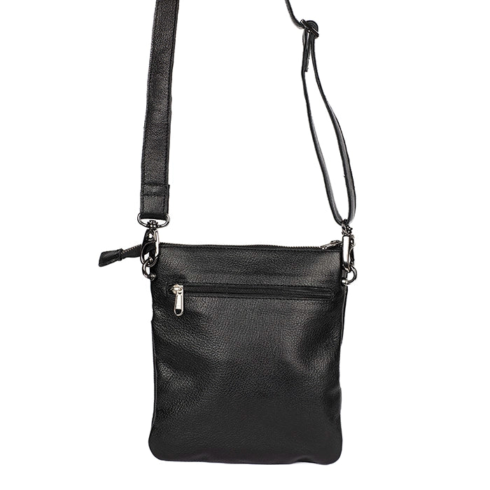 Black leather crossbody bag on a white background