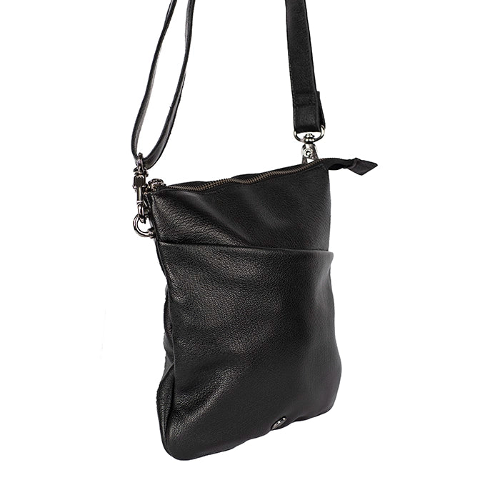 Black leather crossbody bag on a white background