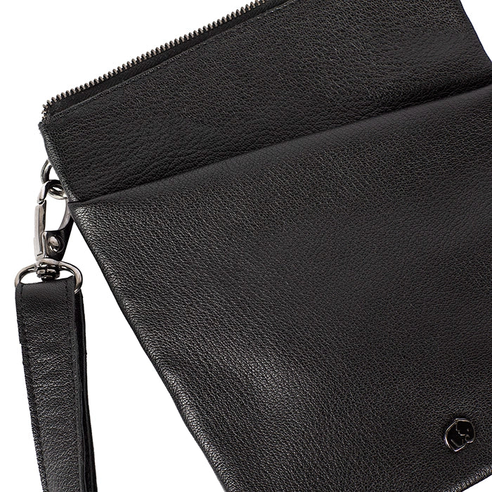 Close-up of a black leather clutch bag with a strap on a white background