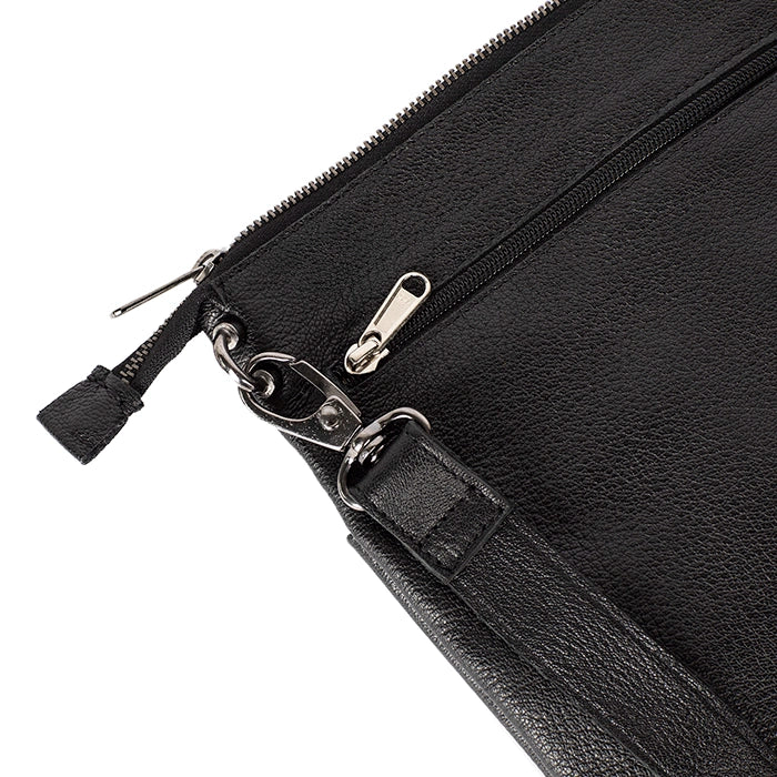 Close-up of a black leather bag with a zipper on a white background