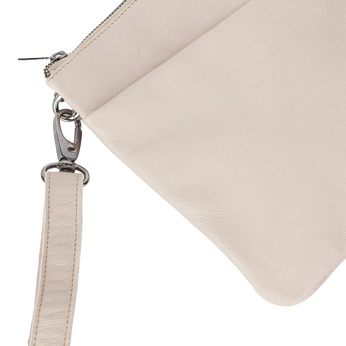 Beige clutch bag with a strap on a white background