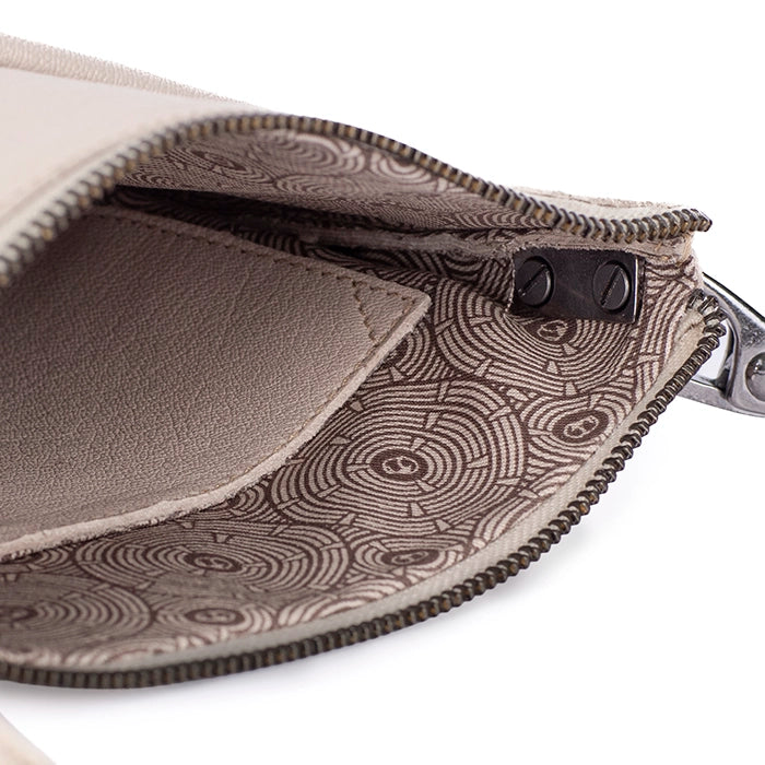 Close-up of a patterned pouch with a zipper on a white background