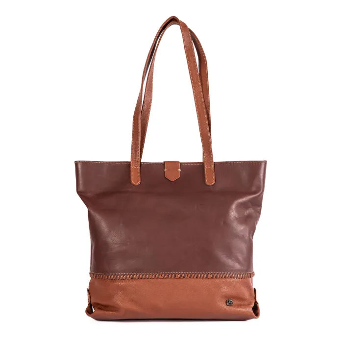 Maroon and Brown leather tote bag with matching handles on a white background
