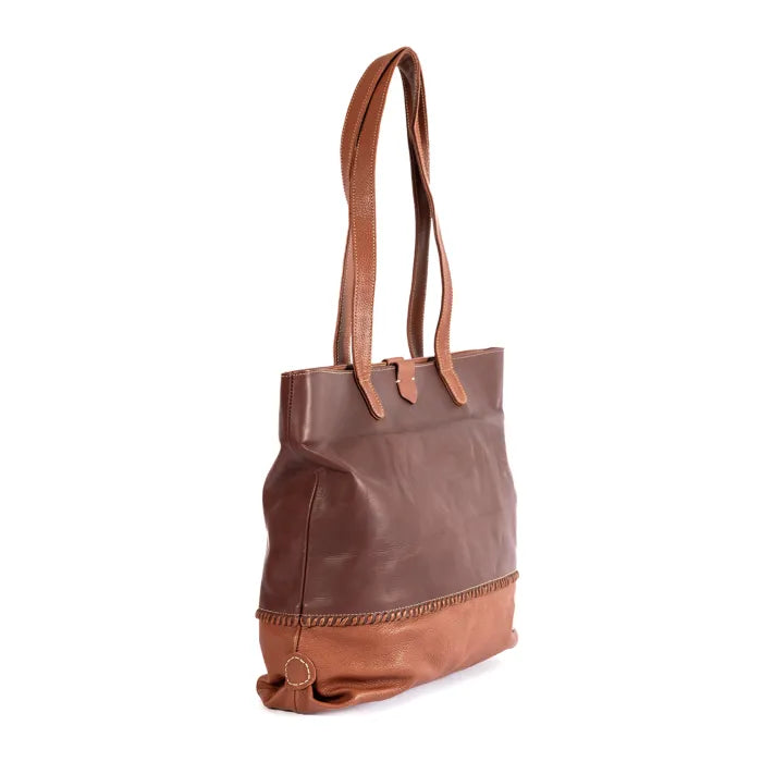 Maroon and Brown leather tote bag with tan handles on a white background