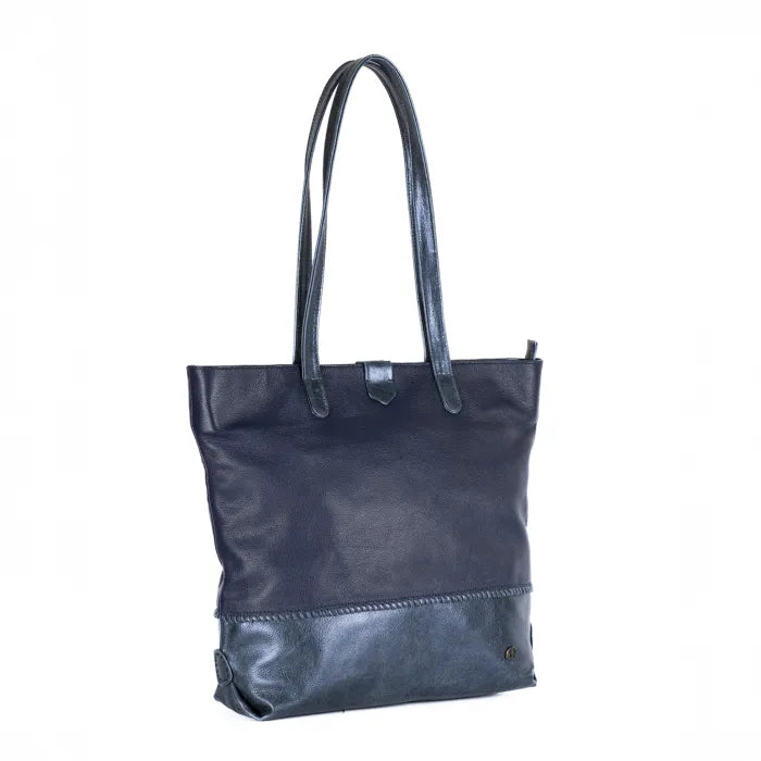 Navy leather tote bag on a white background