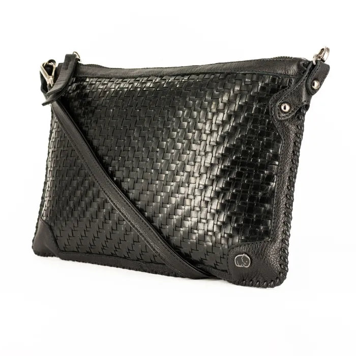 Black woven handbag on a white background