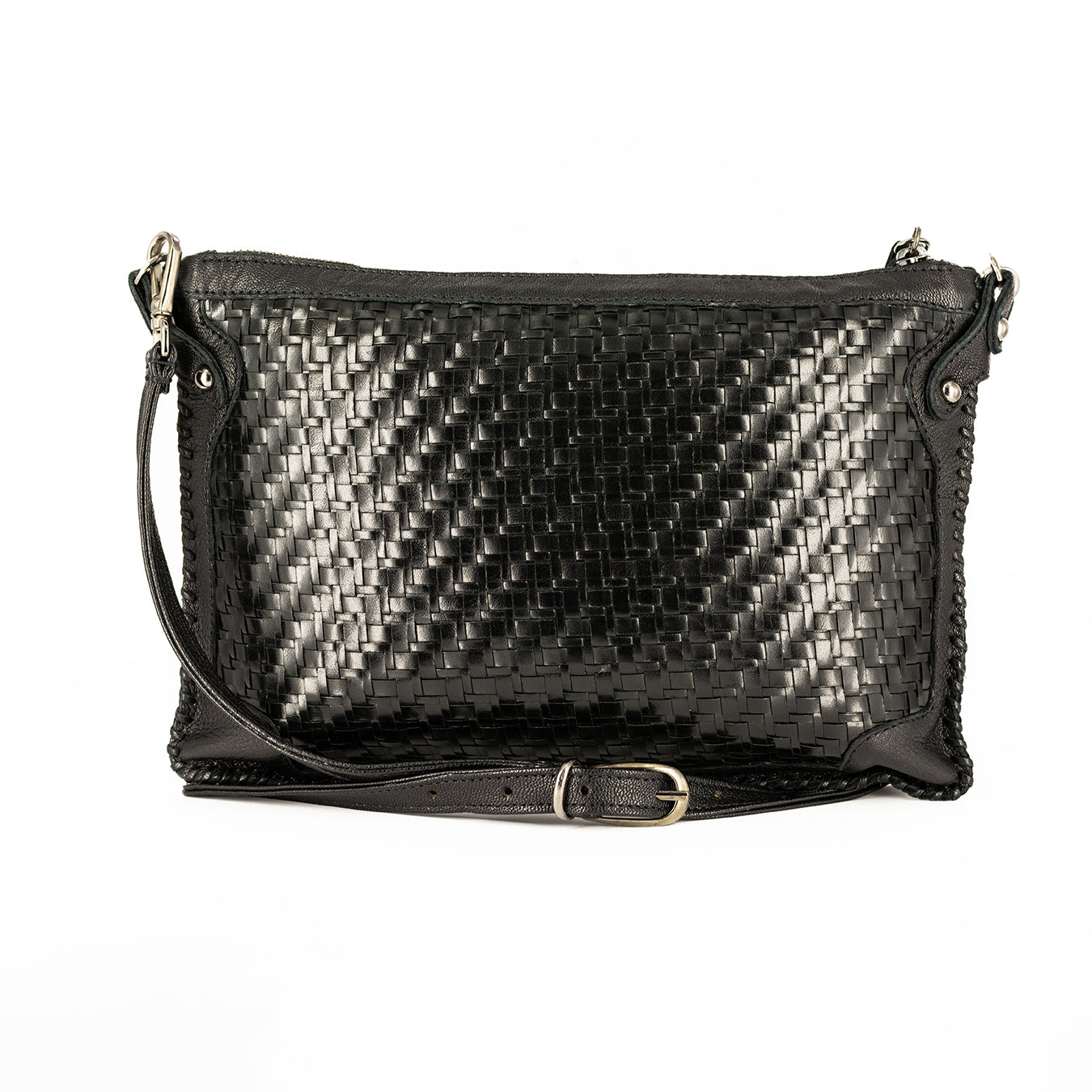 Onalo : Ladies Leather Crossbody Handbag in Black Seneca and Black Cayak