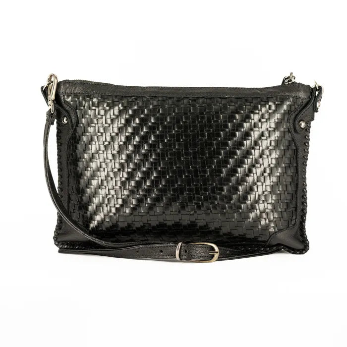 Black woven handbag on a white background