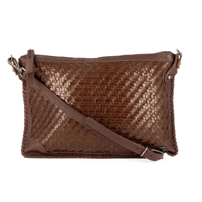 Brown woven leather crossbody bag on a white background