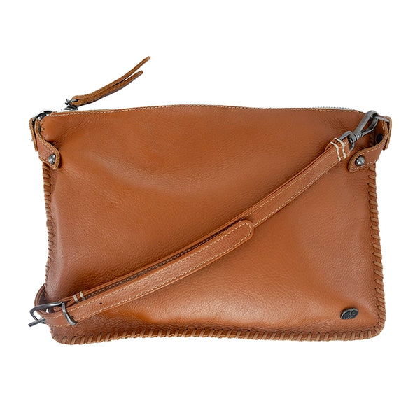 Tan leather crossbody bag on a white background