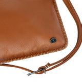 Tan leather crossbody bag with visible brand logo on a white background