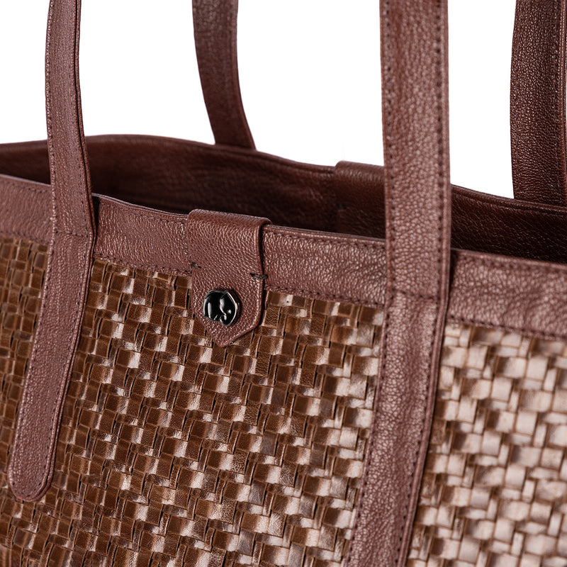 Simkhethi : Ladies Woven Leather Shopper Handbag in Choc Seneca & Cafe Cayak