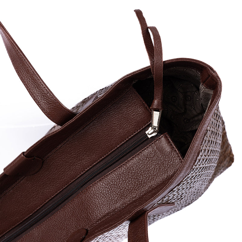 Simkhethi : Ladies Woven Leather Shopper Handbag in Choc Seneca & Cafe Cayak