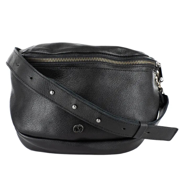 Black leather bag with a strap on a white background