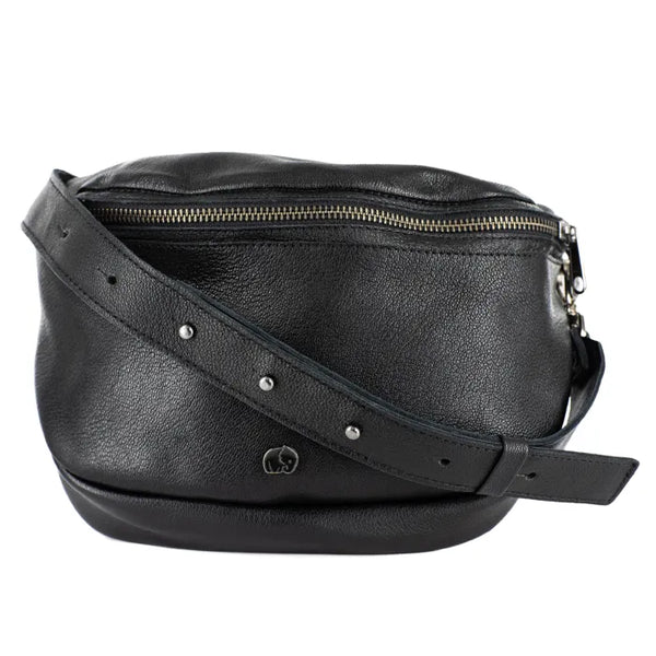 Black leather bag with a strap on a white background