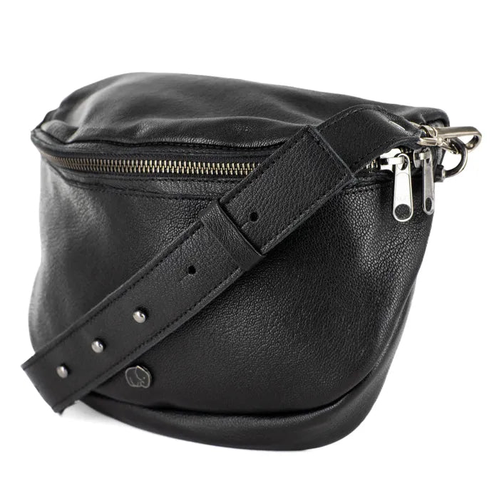 Black leather crossbody bag on a white background