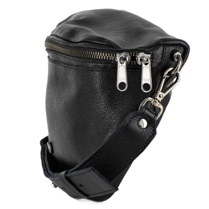 Black leather waist bag with zippers on a white background