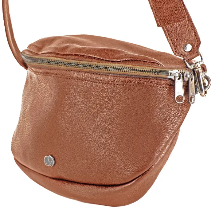 Brown leather crossbody bag with a visible brand logo on a white background