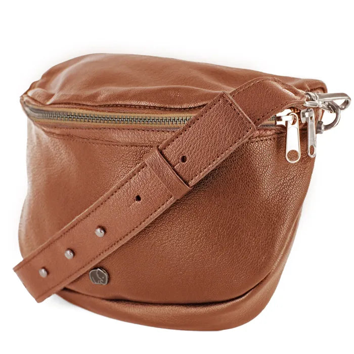 Brown leather crossbody bag with a strap on a white background