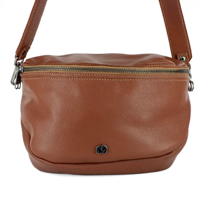 Brown leather crossbody bag on a white background