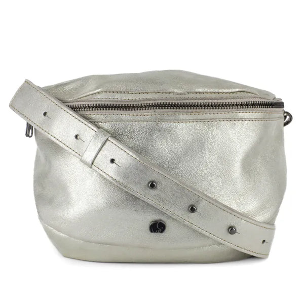 Silver metallic crossbody bag on a white background