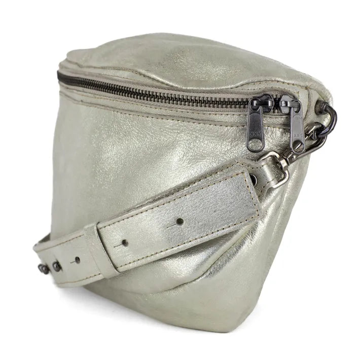 Silver metallic handbag with a strap on a white background