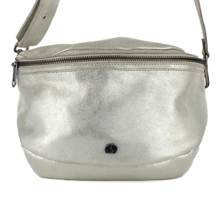 Silver metallic handbag with a visible brand logo on a white background
