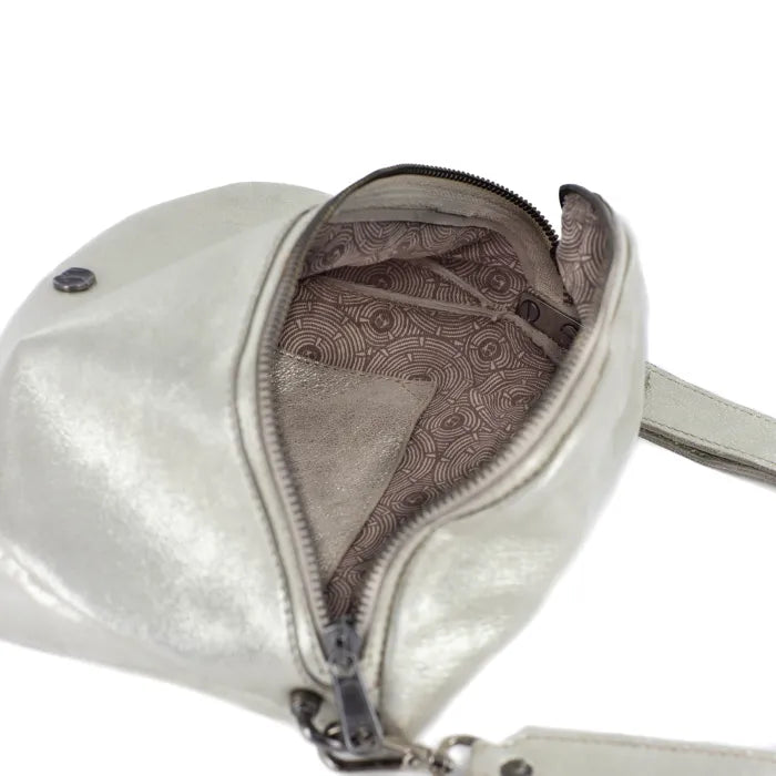 Silver metallic handbag with open zipper showing patterned interior on a white background