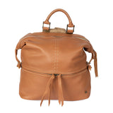 Tan leather backpack with handles on a white background