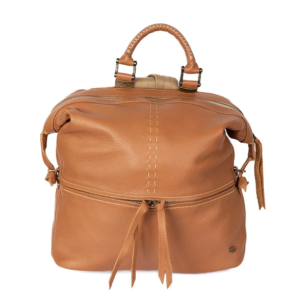 Tan leather backpack with handles on a white background